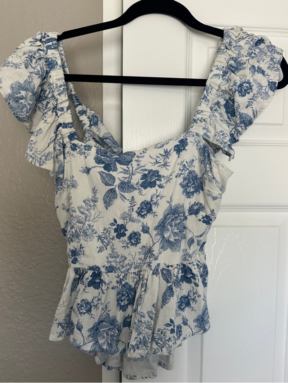 Blue & White Floral Ruffle Peplum Blouse